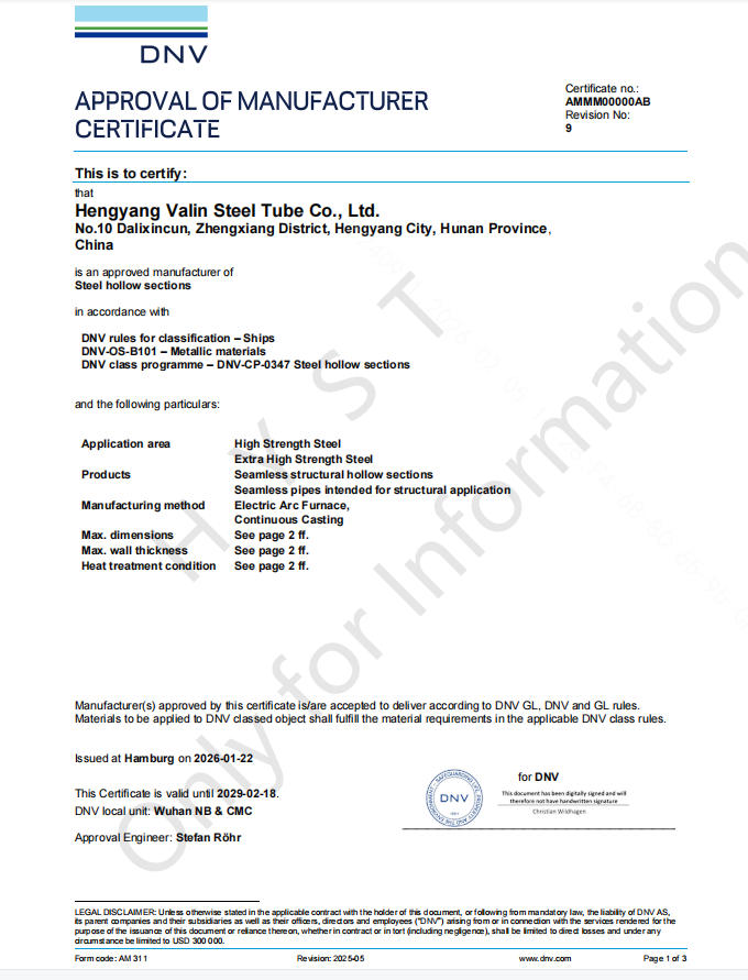 DNV  Certificate for Structural Steel Pipes